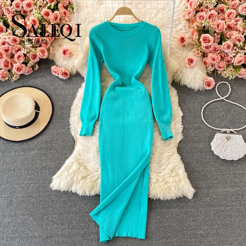 

Women Chic Elegant Long Sleeve O Neck Bodycon Split Dress Sexy Fashion Knit Wrap Vestidos Elastic Slim Pencil Sweater Dress