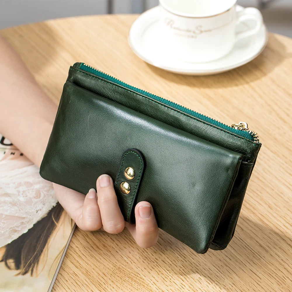 2023 Hot Sale Oil Wax Leather Women Wallet Long Multi-Card Holder Large Capacity Clutch Wallet for Women Zip Mobile Phone Purse