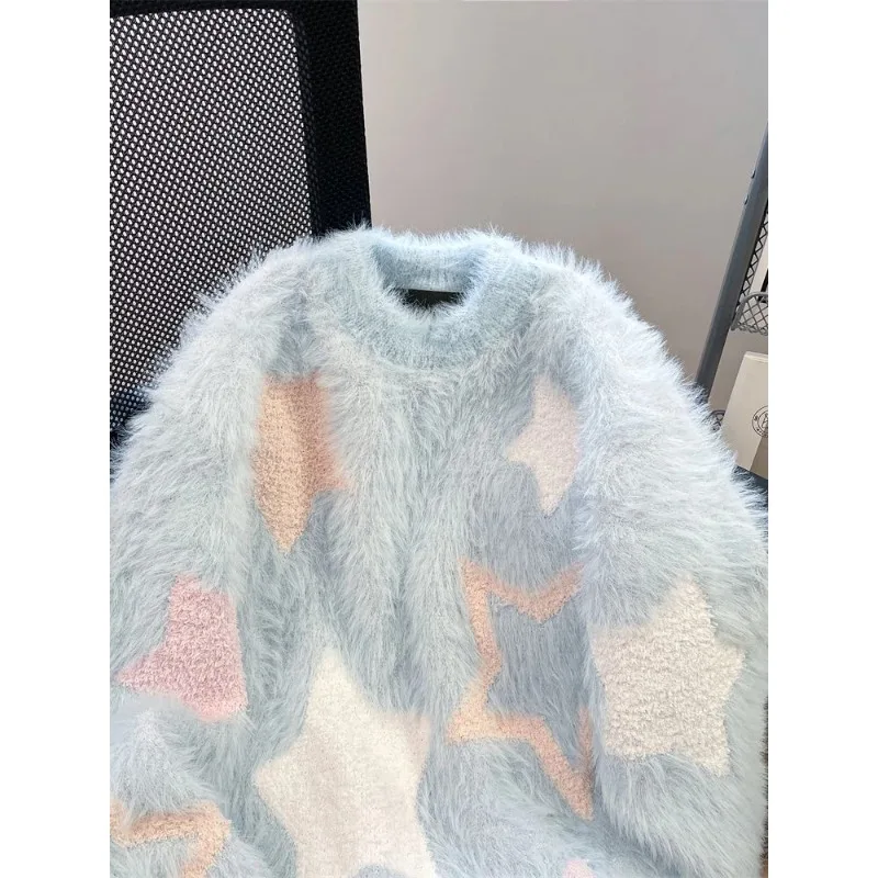 Шикарные синие свитера со звездным принтом женские кашемировые пуловеры из