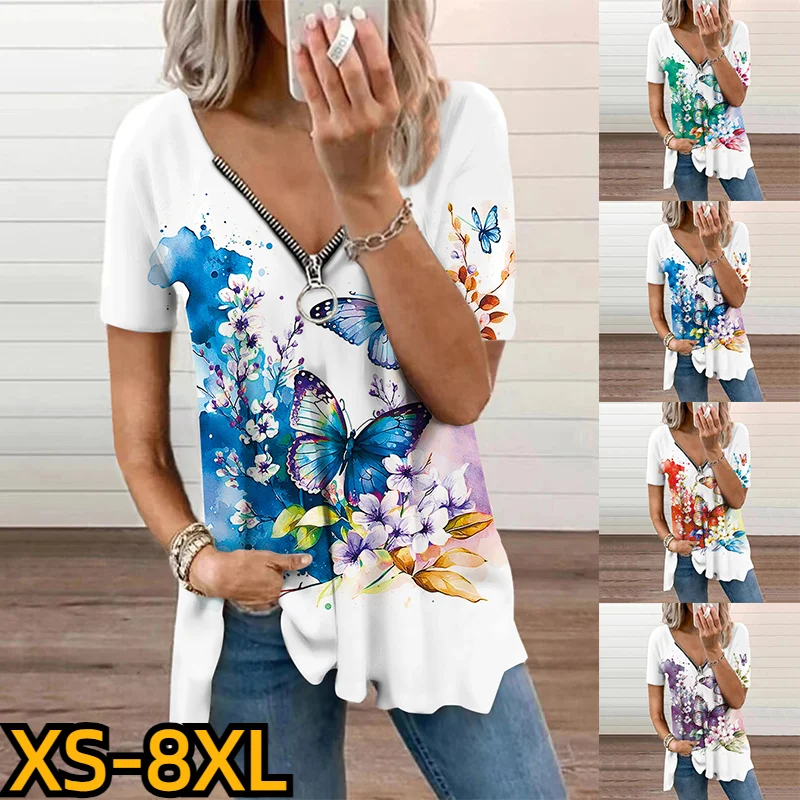 

2023 Summer Women's V-neck Fashion Casual T-shirt Elegance Pullover Sexy Zipper Short Sleeve New Design Printed Top XS-8XL