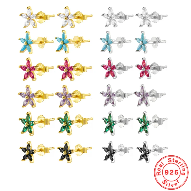 

European and American Simple Fashion 925 Sterling Silver Plum Blossom Stud Earrings Multicolor Marquise Flower Jewelry Gifts