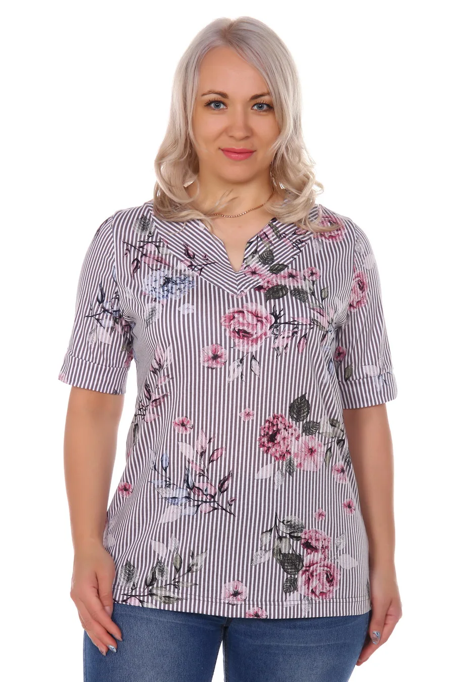 Женский блуза 50-64 размеры Кулирка с коротким рукавом отложным воротником