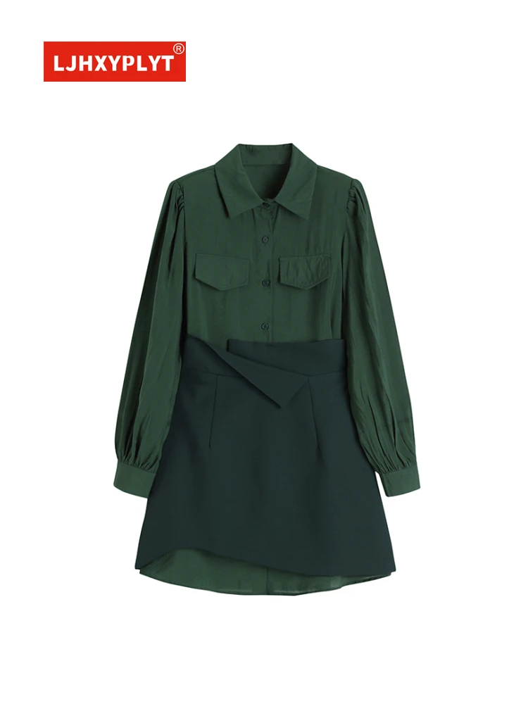 Irregular Short Skirt + Long-sleeved Shirt Suit Women's Spring New Retro Temperament Green Two-piece Dress Female