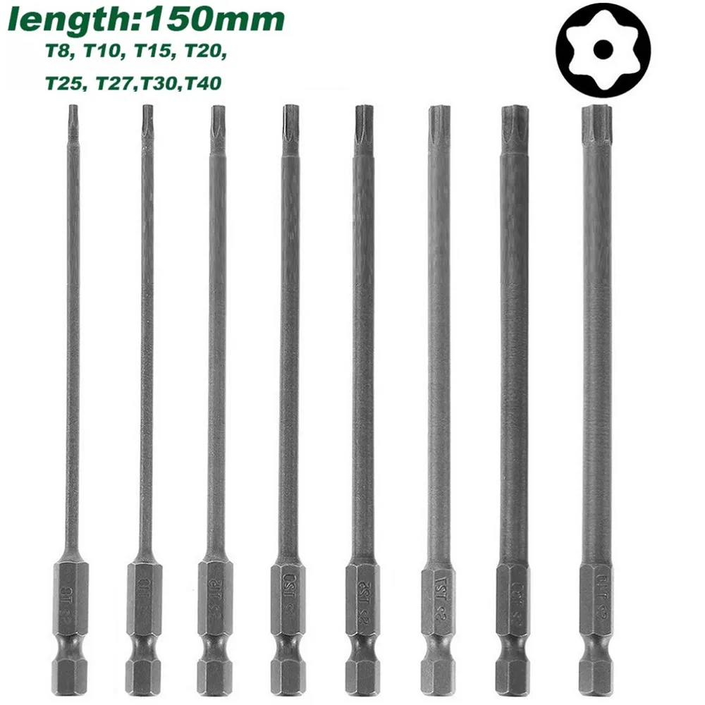 

1Pcs Torx Screwdriver Bit 1/4'' Hex Shank Head Wind Drill 150mm Wrench Magnetic Socket T8 T10 T15 T20 T25 T27 T30 T40