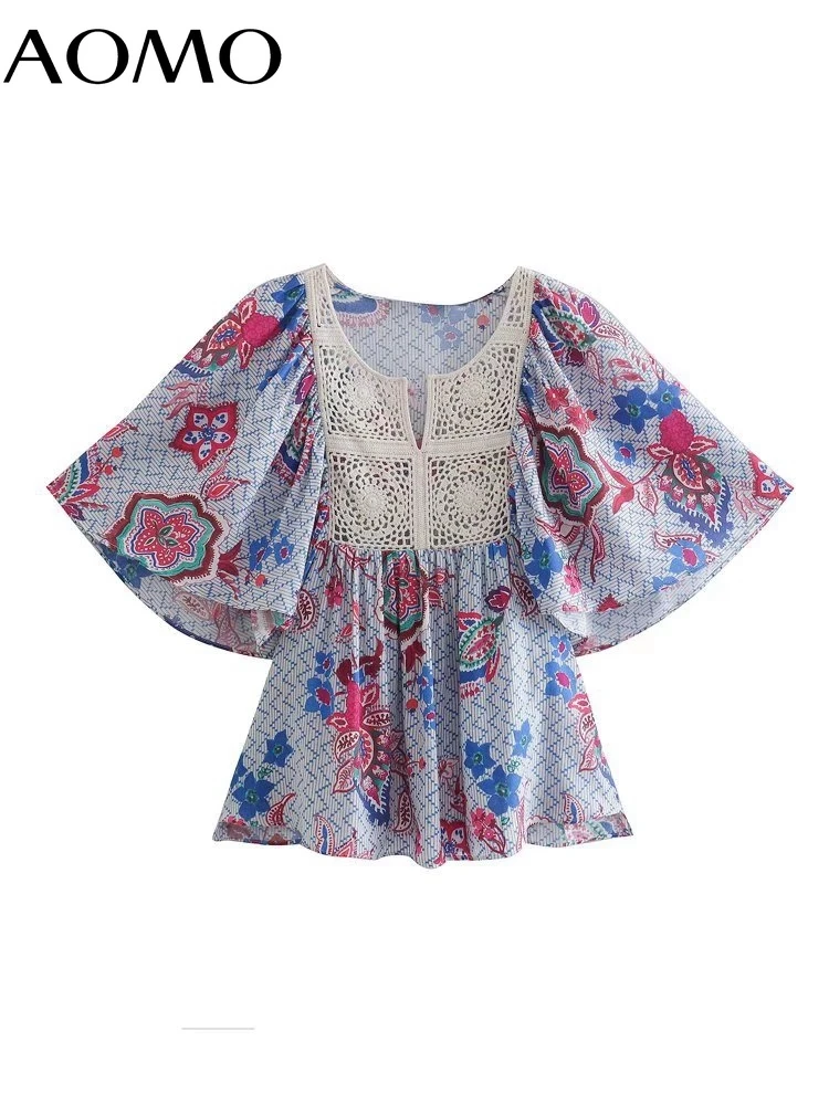 

AOMO Women Retro Lace Patchwork Romantic Blouse Shirt Flare Short Sleeve 2022 Chic Female Shirt Tops 5Z40A