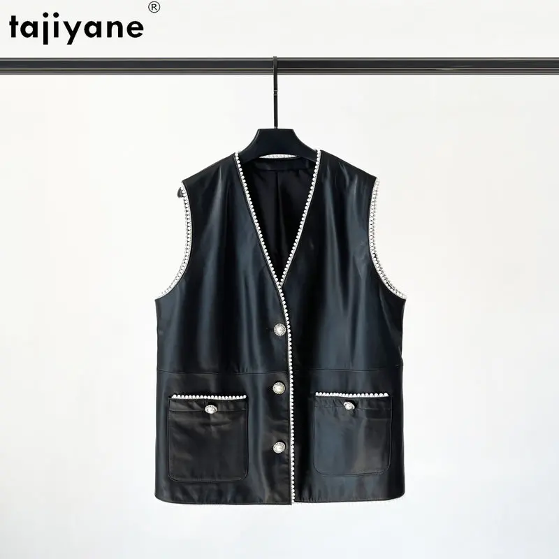 

Женская кожаная куртка без рукавов Tajiyane, черный жилет из натуральной овечьей кожи с V-образным вырезом, уличная одежда