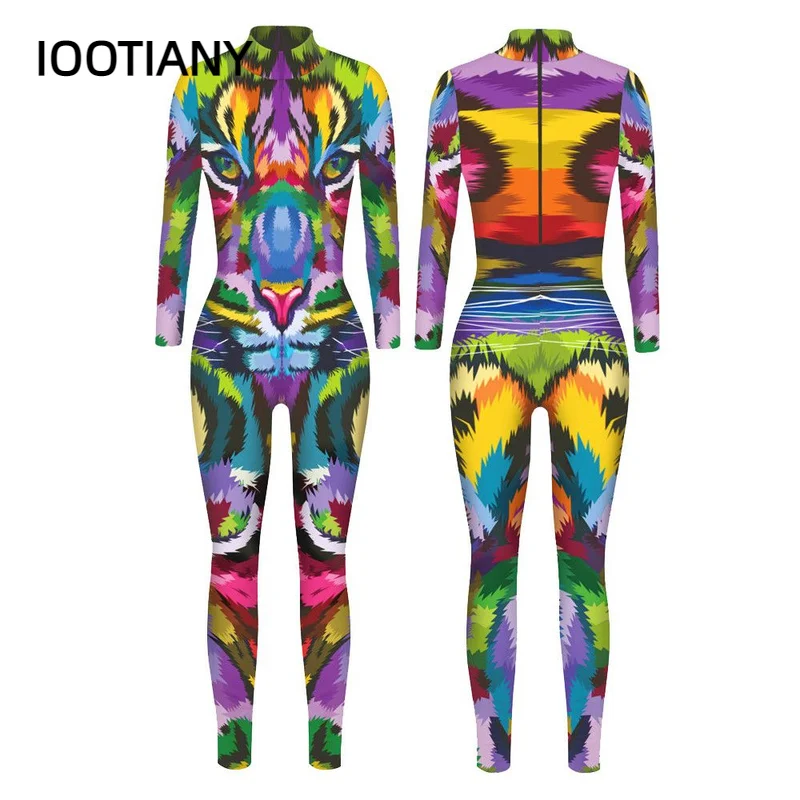 IOOTIANY Colorful 3D Tiger Print Jumpsuit  Long Sleeve Sexy Women Skinny Jumpsuit Party Series Cosplay Elastic Bodysuits