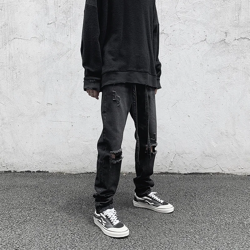 High Street Jeans Men's Brand Clothing Trend Ripped Ink Loose Straight Casual Pants Fashion Men's Street Wear Roupas Masculinas