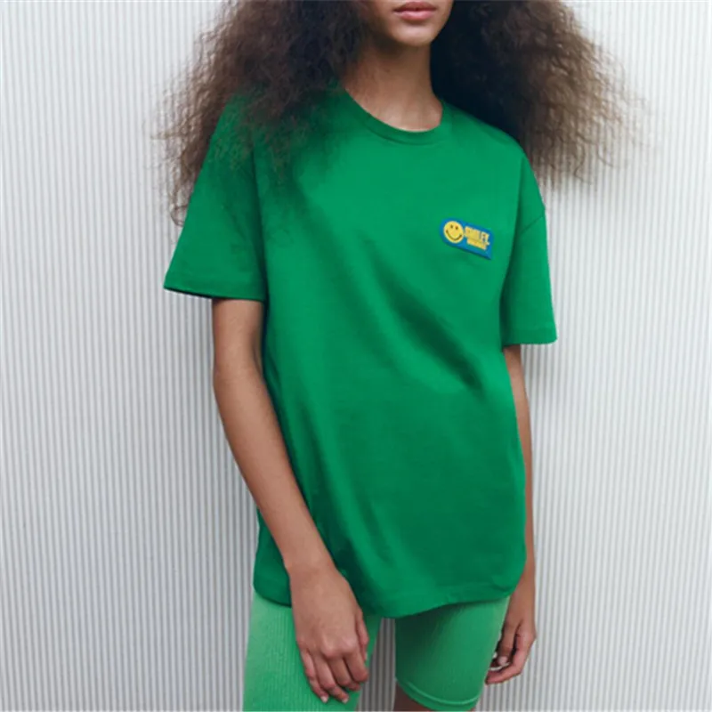 

spring new women's European and American street green casual loose round neck smiley print T-shirt