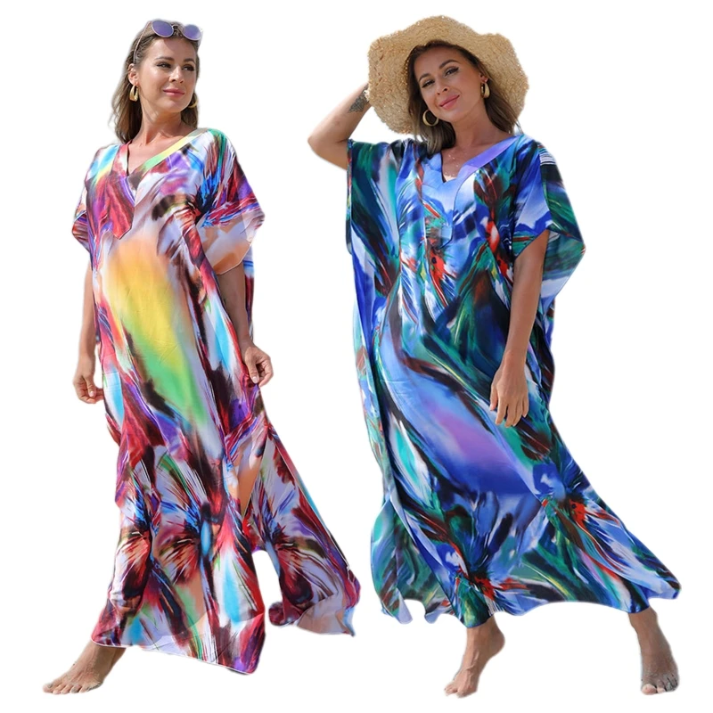 

Y166 Women Vacation Batwing Sleeve Turkish Kaftan Colorful Abstract Printed V-Neck Swimsuit Cover Up Beach Maxi Dress Robe