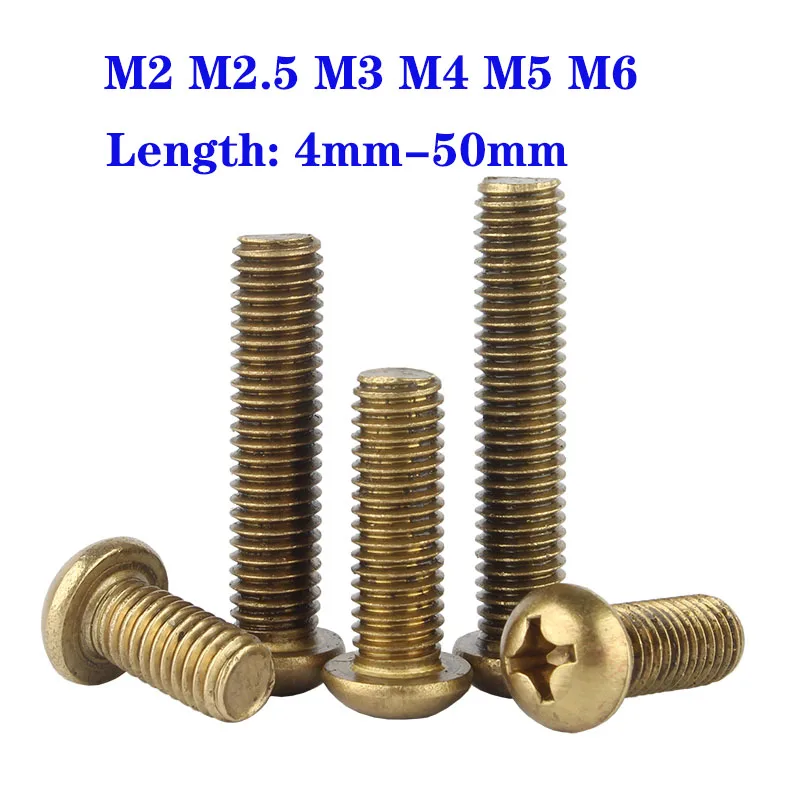 5-200pcs M2 M2.5 M3 M4 M5 M6 Brass Round Head Phillips Screw Metric Thread Cross Recess Bolt Length 4mm-50mm Hardware