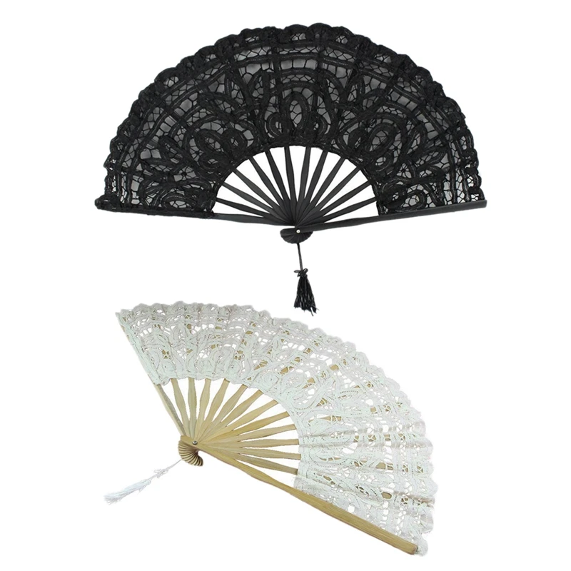 

2 PCS Handmade Cotton Lace Folding Hand Fan For Party Bridal Wedding Decoration ( Beige & Black)
