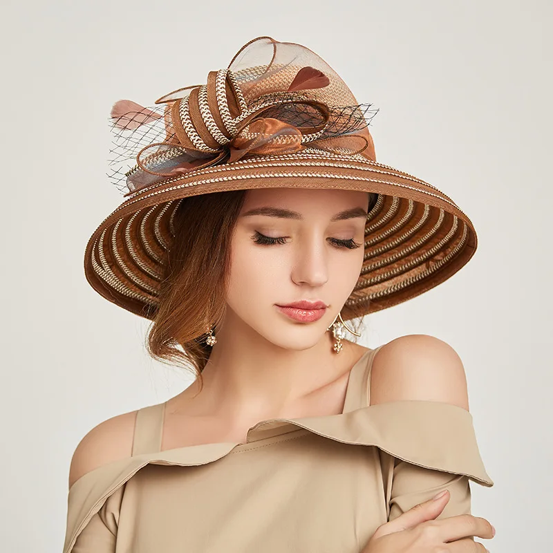 

Шляпа женская с широкими полями, элегантная Федора из органзы, пляжная шляпа от солнца, для церкви и путешествий, лето 2022