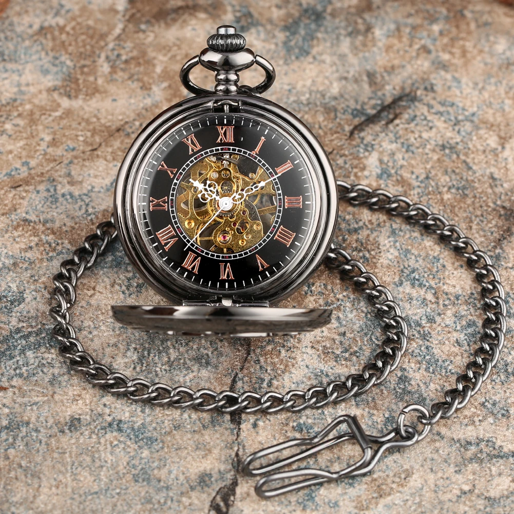 Elegant Black Skeleton Flower Manual Mechanical Pocket Watch Rose Gold Roman Numerals Dial Antique Hand Winding Vintage Clock