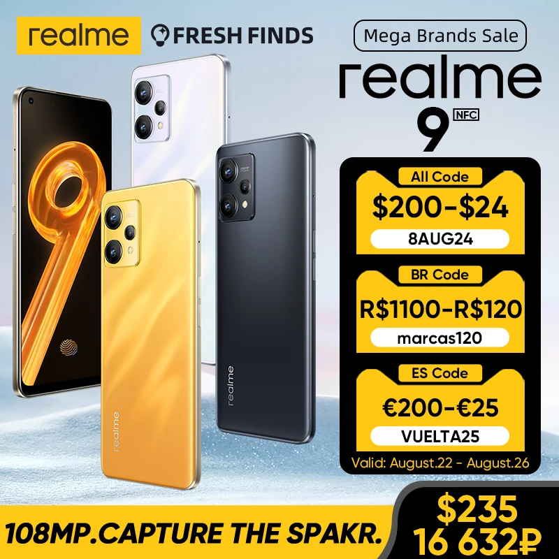  Realme 9 Новый смартфон 108MP Камера 6,4 \"90 Гц Super AMOLED Дисплей Восьмиядерный процессор Snapdragon 33 Вт 5000 мАч 