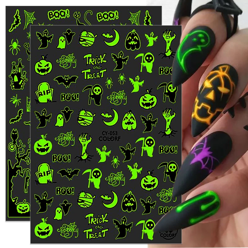 

Halloween Nail Stickers Luminous Spider Pumpkin Ghost Witch Skull Bone DIY Holiday Decals Glow In The Dark Nail Art Decoration