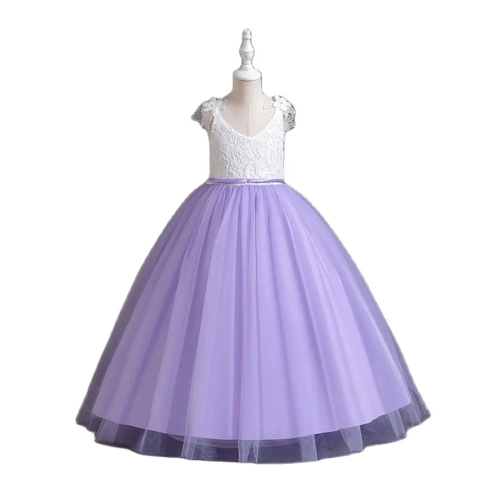 Фиолетовое платье принцессы для девочек 3-12 лет с кружевной аппликацией и лентой.