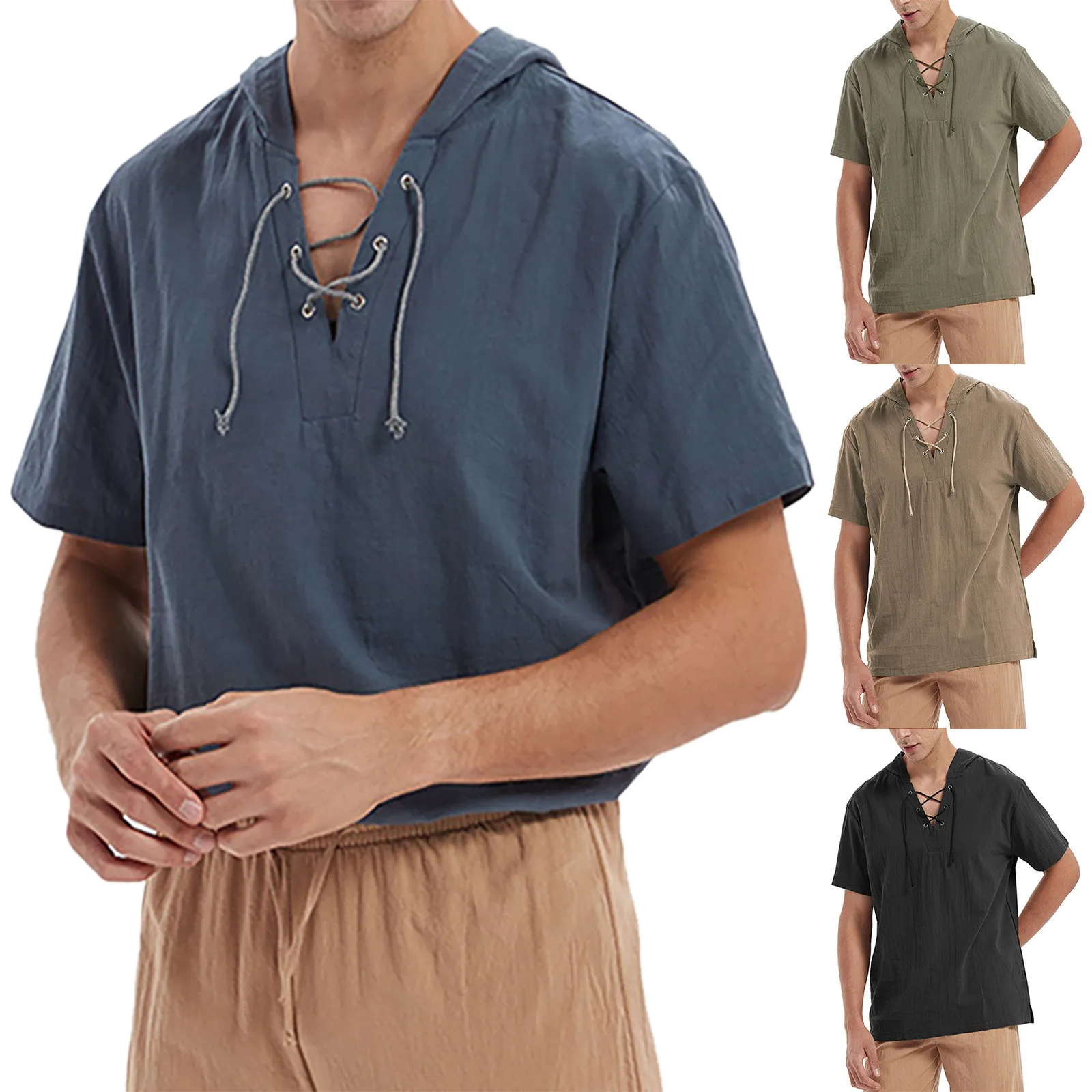 

Men Medieval Renaissance T-Shirts Summer Fashion V-neck Comfort top High Quality Solid Color Strap Short Sleeve T-Shirt Blouse
