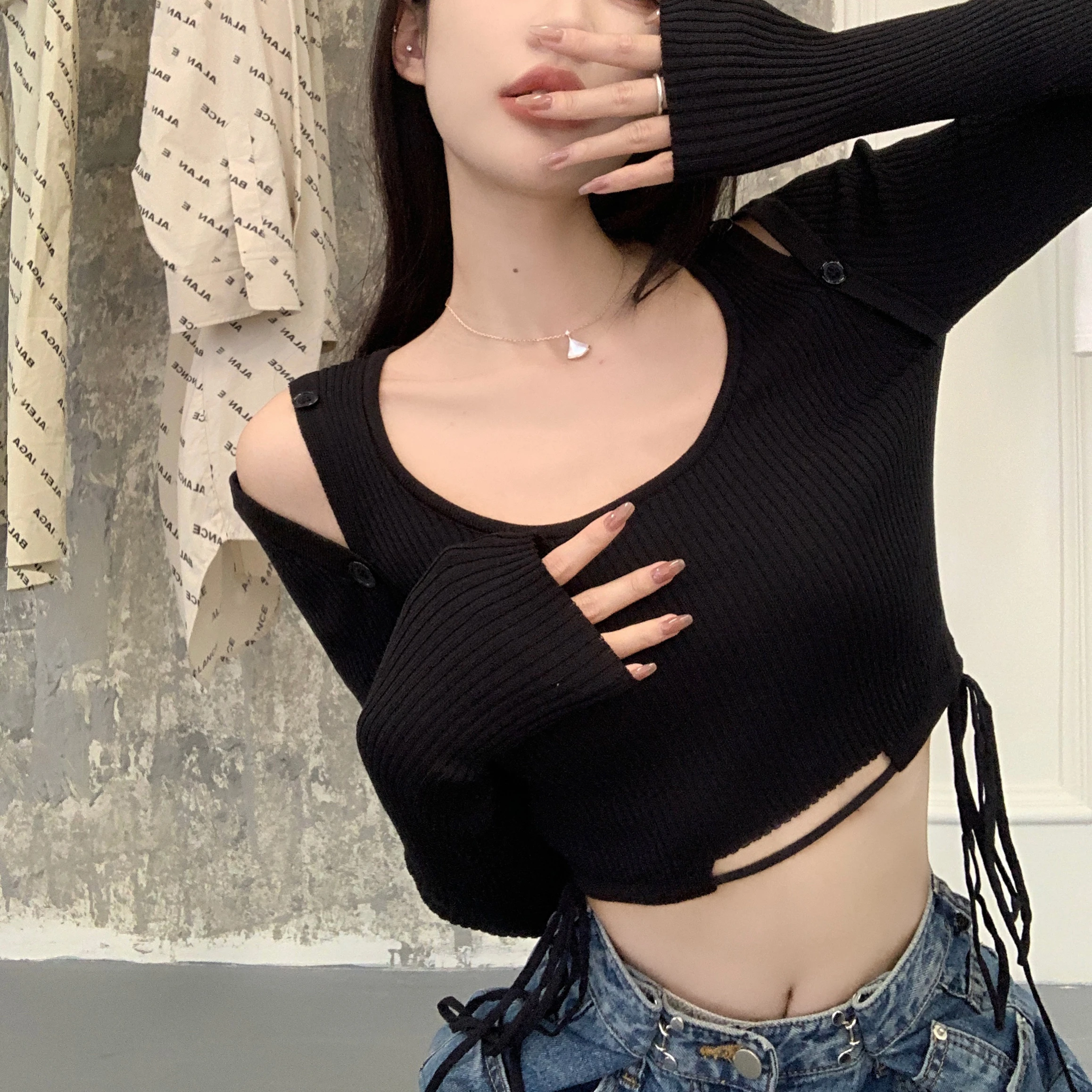 

Женская облегающая футболка с длинным рукавом, обтягивающая футболка с завязками в Корейском стиле на осень, 2023