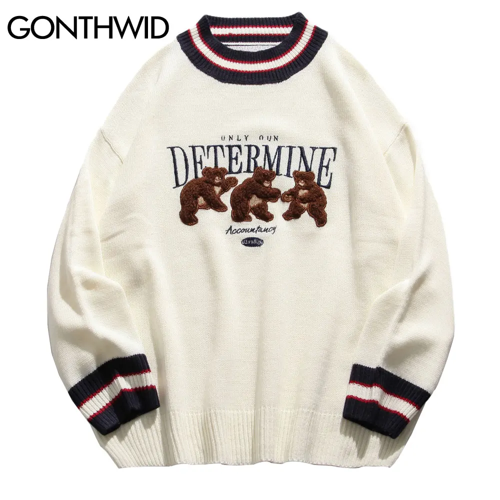 GONTHWID Bear Patchwork Striped Knitted Jumpers Sweaters Streetwear Hip Hop Harajuku Casual Pullover knitwear Mens Fashion Tops