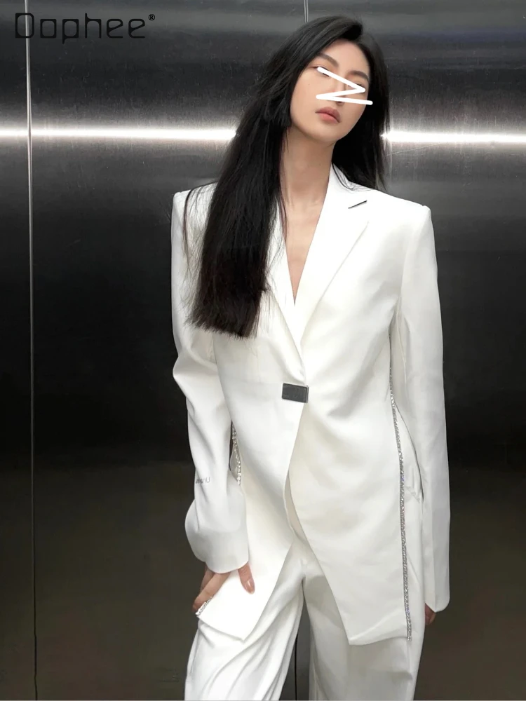 

Женский комплект из 2 предметов, элегантный белый блейзер с открытой спиной и бриллиантами, пиджак и брюки с широкими штанинами и высокой та...