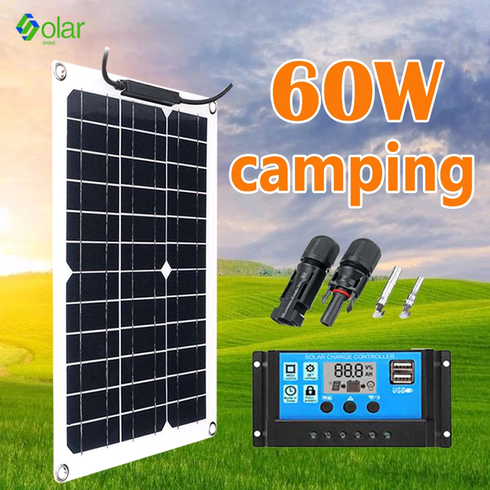 Kit de Panel Solar Flexible de 60W, placa de células solares portátil USB de 12V con controlador de 60A para cargador de batería MP3 de teléfono de viaje