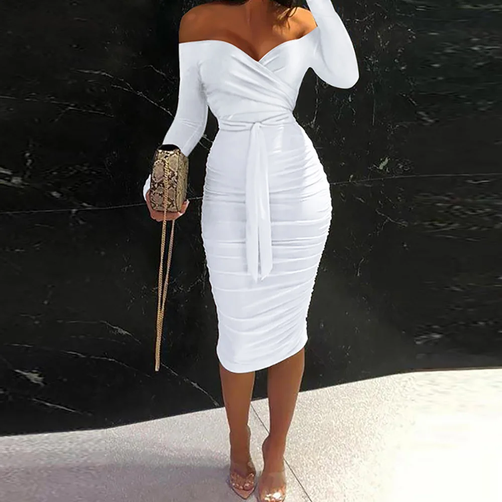 

2022 Spring Women Elegant Dress Polkadot Print Ruffles Scarf Off Shoulder Ruched Belted Bodycon Dresses Plus Size White Vestidos