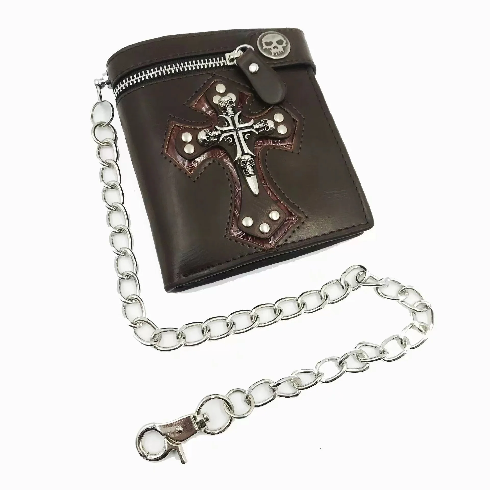 New Personality Skull Cross Inlaid Men's And Women's Purse High-Quality Leather With Anti-Theft Chain Fashion Wallet