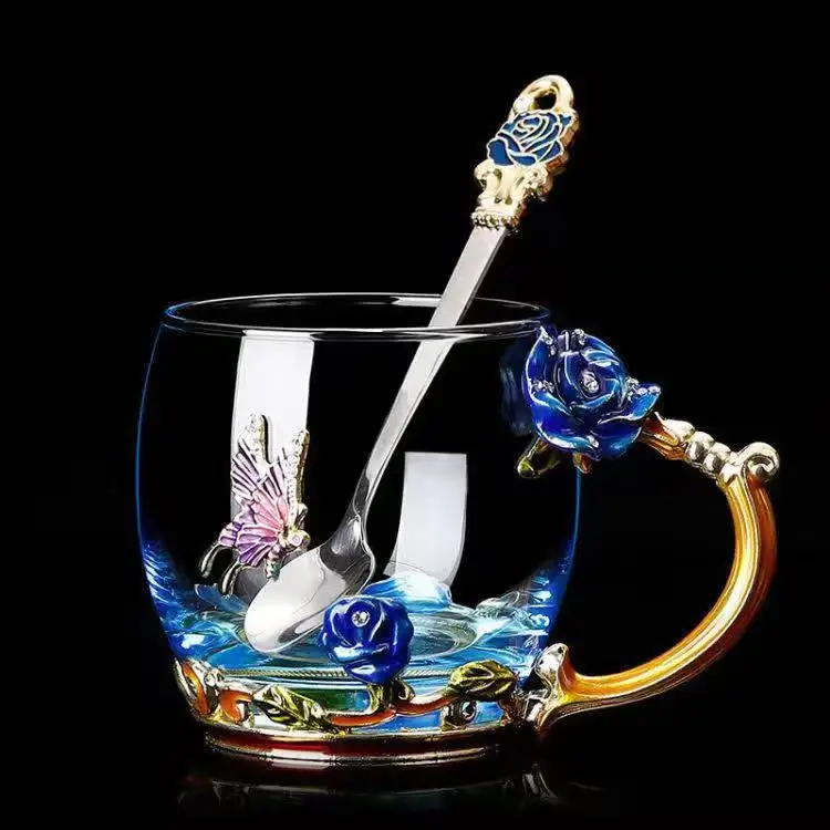 

Blue Rose Enamel Crystal Cup Flower Tea Glass High-grade Glass Cup Flower Mug with Handgrip Perfect Gift For Lover Wedding