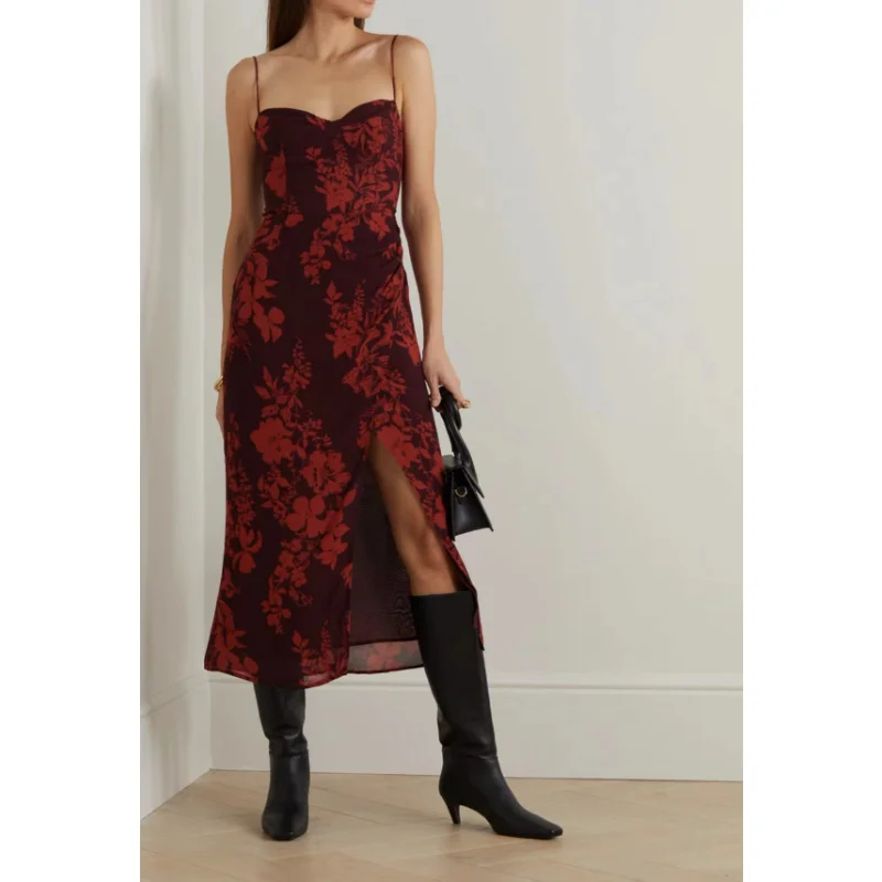 

2023 Red-color New Spring Summer Floral Pringting Sleveless Waist Vintage Woman Side Slit camisole Midi Dress
