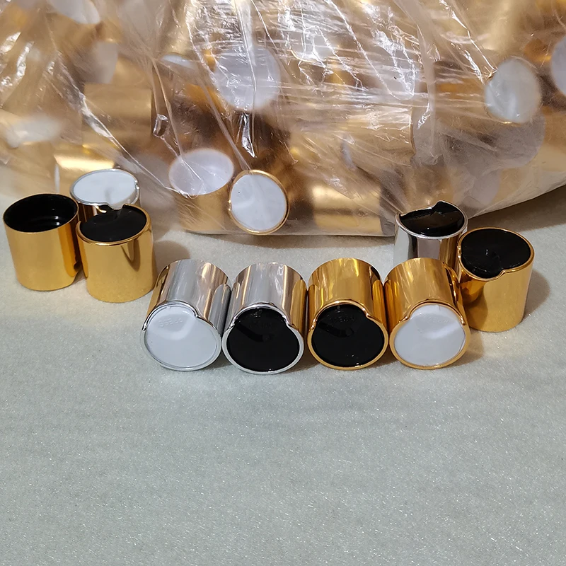 

50pcs Gold Disc Top Caps With Aluminum Collar 24/410 Aluminum Shampoo Cap Plastic Bottle Container Cap Push Pull ,Press caps