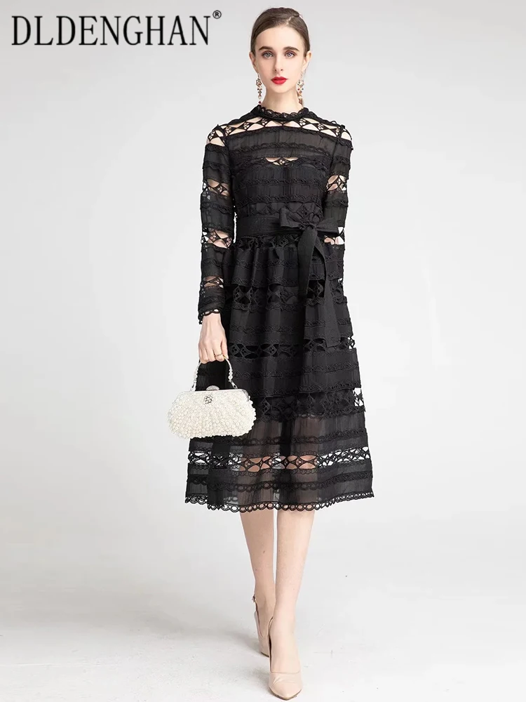 

DLDENGHAN Fashion Designer Summer Dress Women Stand Collar Long Sleeves Hollow Out Sashes Vintage Black Dresses
