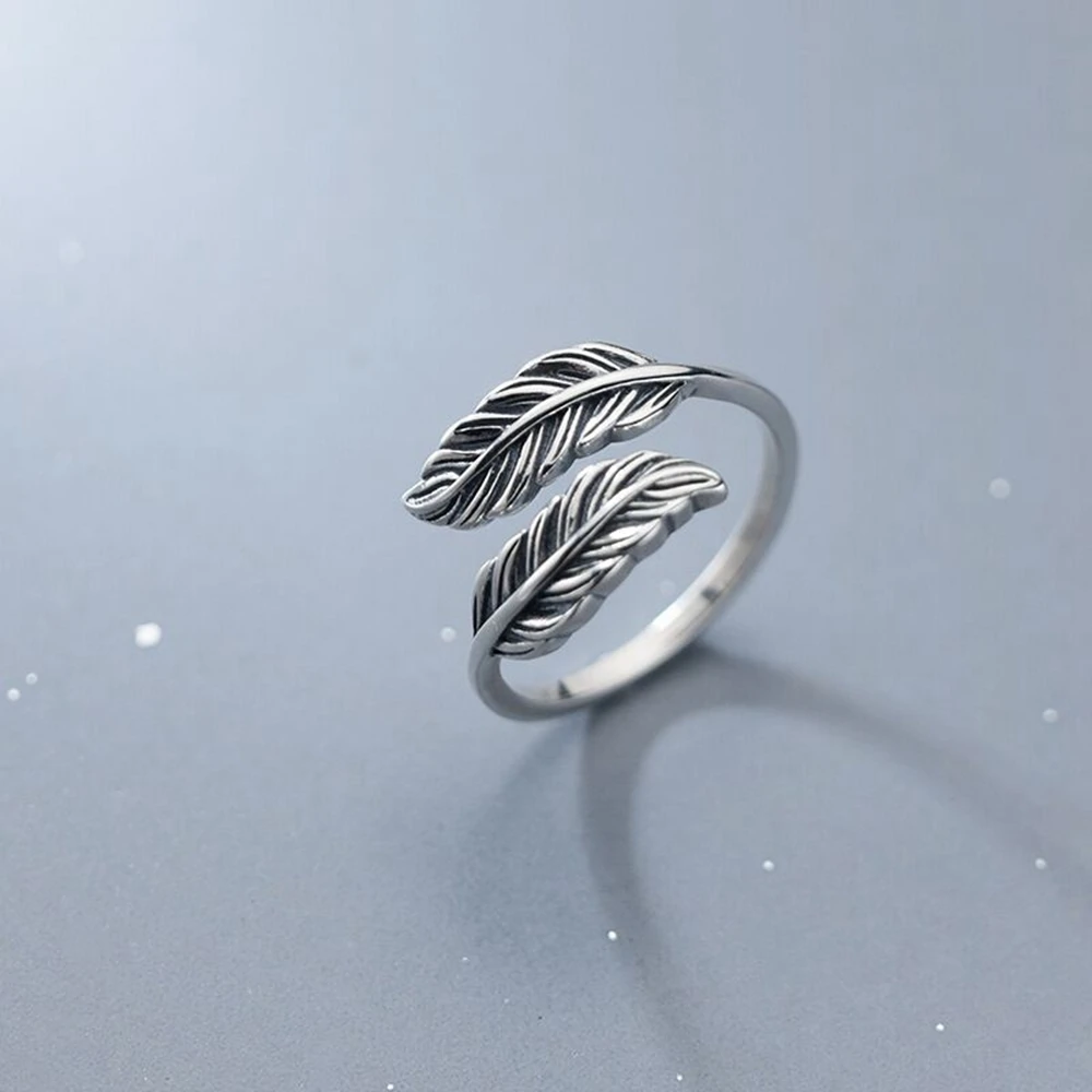 

Vintage Adjustable Silver Feather Open Rings for Women Lady Fashion Retro 925 Sliver Plated Open Ring Party Wedding Jewelry Gift