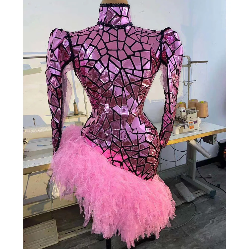 

Pink Shining Mirror Sequins Long Sleeves Gauze Folds Dress For Women Prom Dance Clothing Stage Perform Costumes Party Club Wear