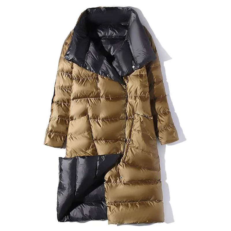 

Women Double Sided Down Long Jacket Winter Turtleneck White Duck Down Coat Double Breasted Warm Parkas Snow Outwear