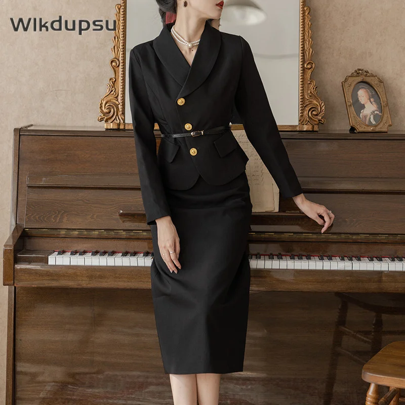 

Retro Black Blazer Set Single Breasted Jacket & Pencil Skirt 2 Pieces Skirt Suit Female Office Ladies Blazer Suit Clothes Female