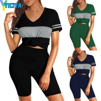 yiciya tracksuits for women black casual fashion two piece set women top and pants printed v neck short sleeved pants set spring