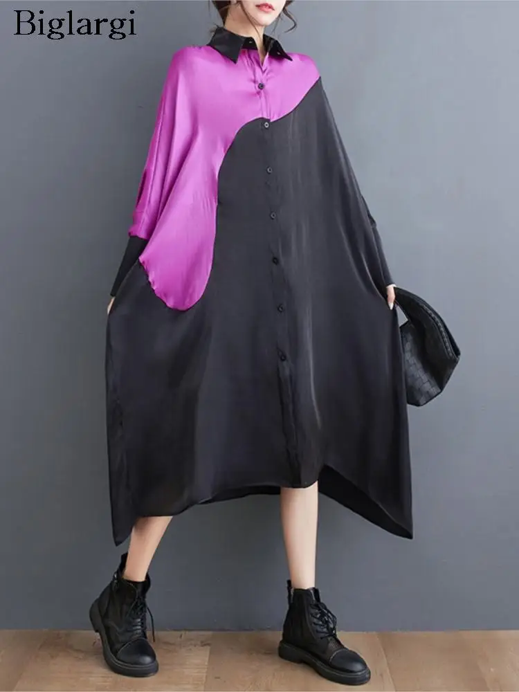 

Oversized Autumn Shirt Long Dress Women Print Patchwork Irregular Pleated Ladies Dresses Casual Loose Fashion Woman Dress 2023