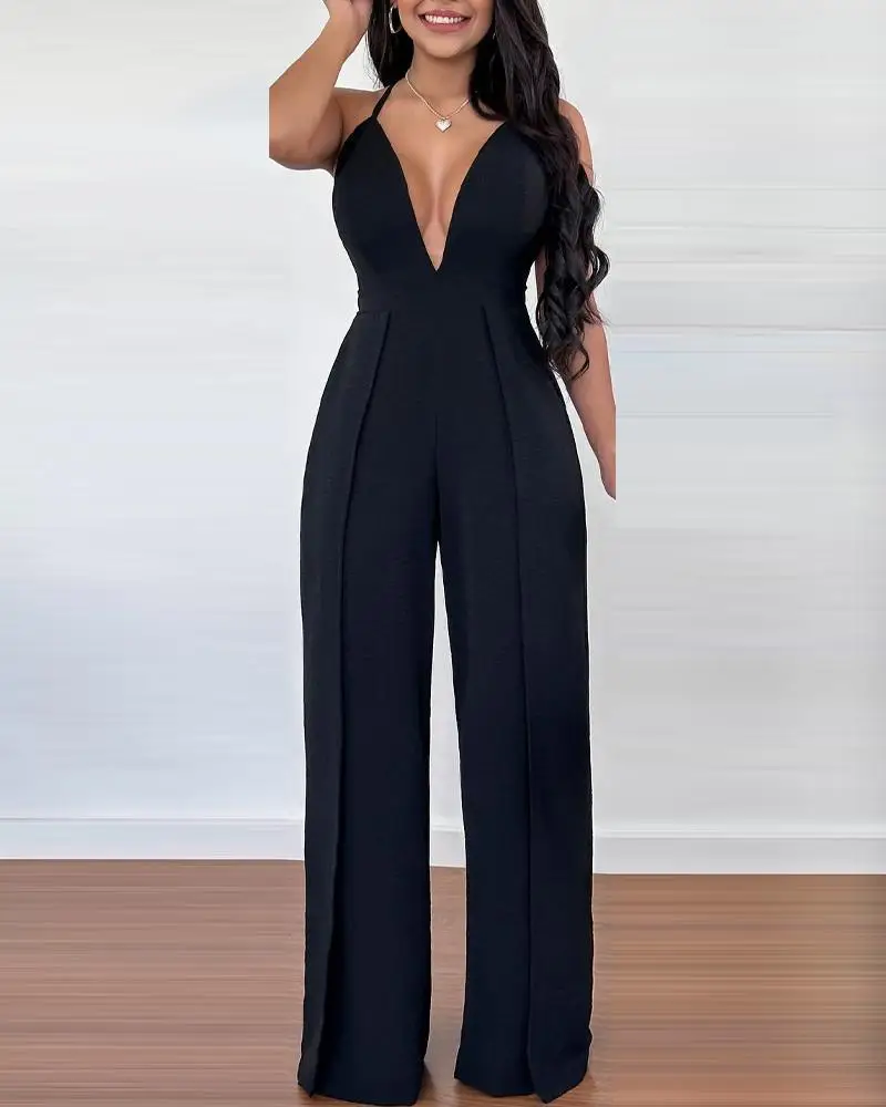 

Crisscross Backless Plunging Neck Jumpsuit Chic Fashion Summer Sexy Sleeveless High Waist Form-fitting Lanyard