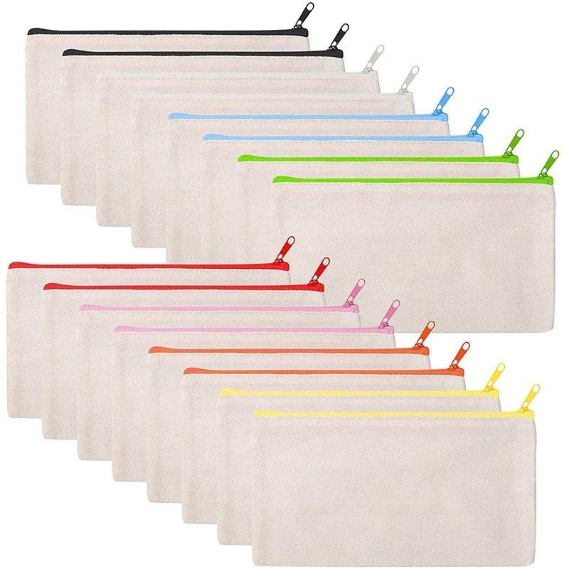 

16-Pack Canvas Pencil Pen Case DIY Craft Zipper Bags Blank Makeup Bags, Multipurpose Cosmetic Travel Toiletry Pouch