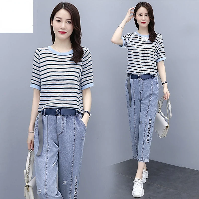 Women's Pants Suit 2022 Summer Simple Stripe T-shirt Jeans Two-piece Korean Fashion Casual Top Denim Pants Trouser Suit E88