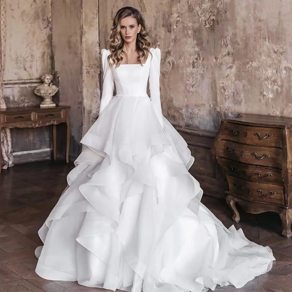 Купи Luxury Organza Wedding Dresses 2023 Puffy Long Sleeves Square Neck Ruffles Skirt Bridal Gowns For Women Custom Robe De Mariee за 5,550 рублей в магазине AliExpress