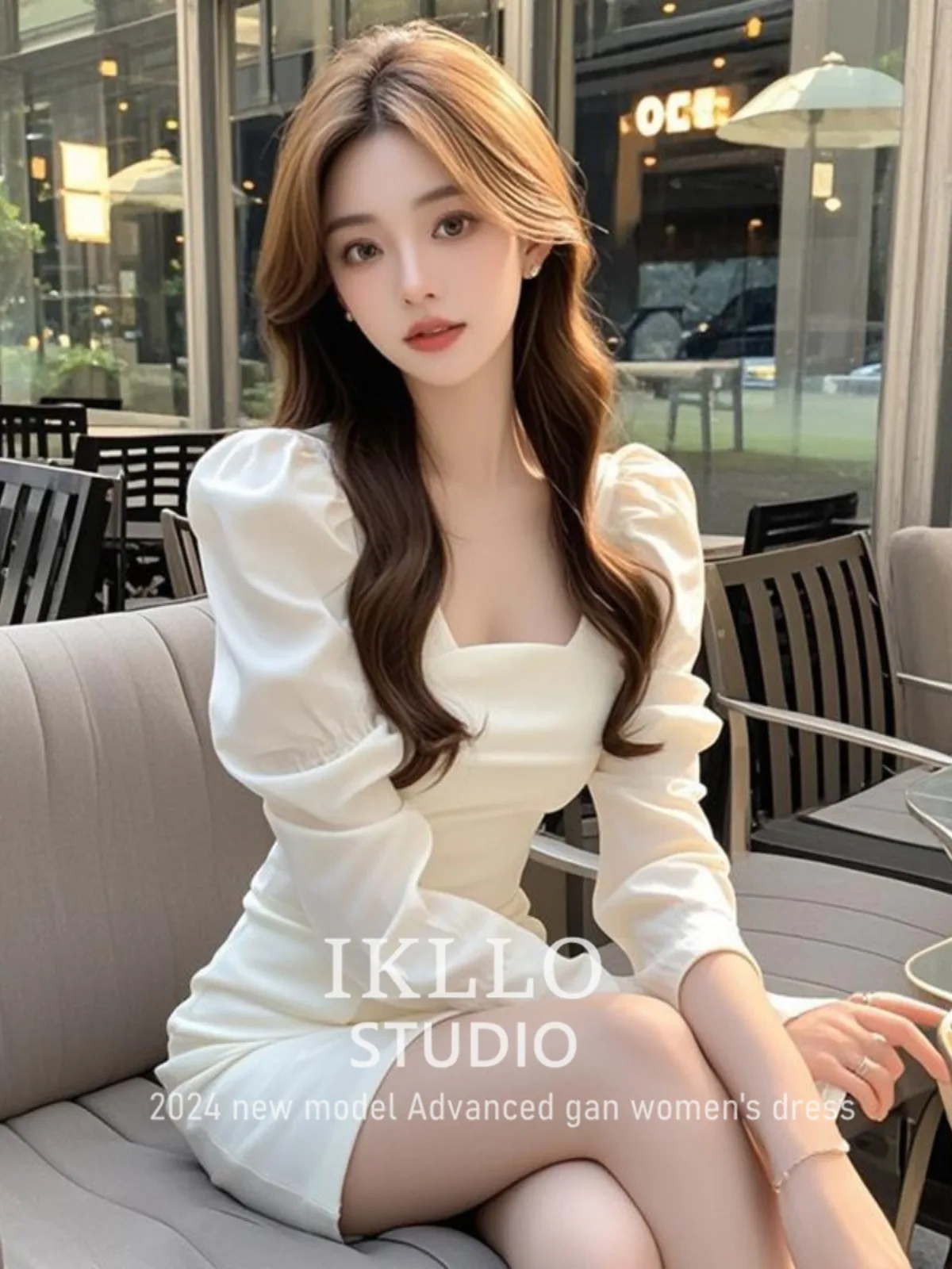 Pure Desire Sle Gyaru Square Collar White Puff sleeve Dress Women Autumn and Winter High-Grade Temperament Waist Hugging Sl...