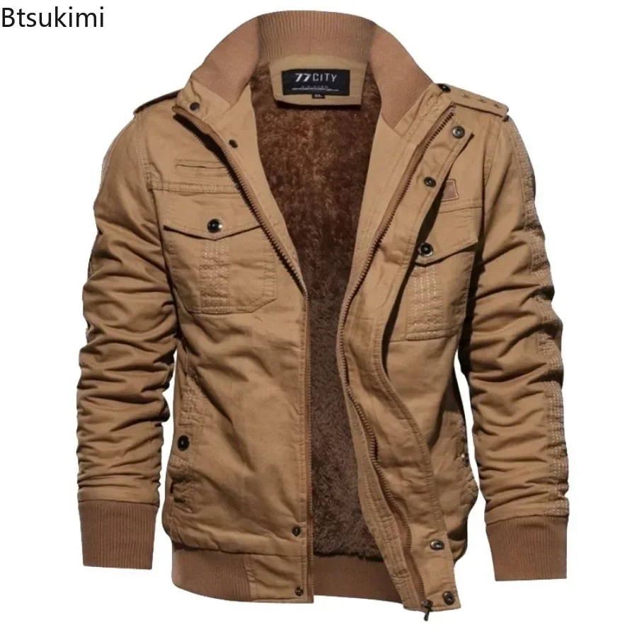 Autumn Winter Men's Plus Fleece Jacket Fashion Casual Thicker Warm Coats Man Multi-pockets Cargo Outdoor Windbreak