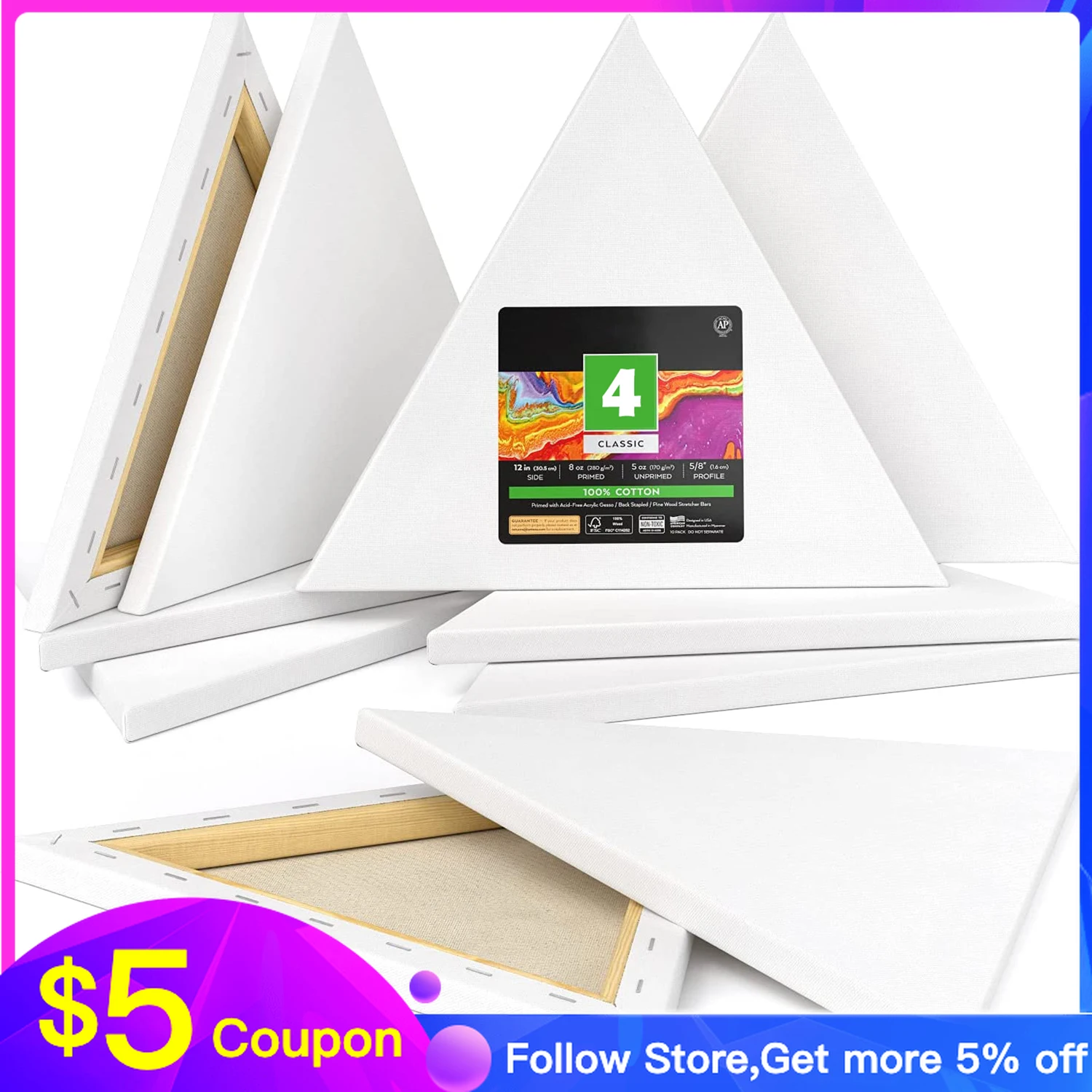 

Stretched Canvas Set of 4 Triangle Blank Canvas 6 inch Frame 100% Cotton Art Supplies for Acrylic Pouring and Oil Painting