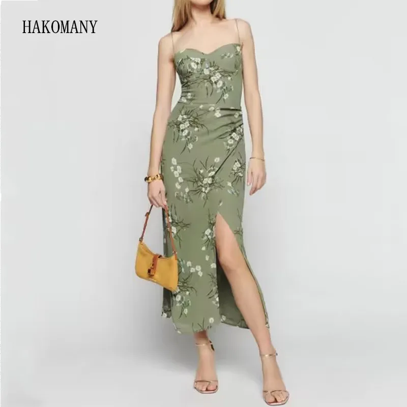 

2023 Sexy Women Corset Chest Hem Cross Slit Midi Robe Elegant Retro French Style Green Flower Print Bow Lacing up Sling Dress