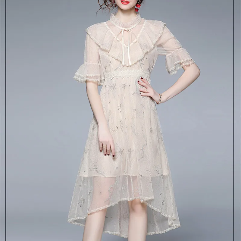 

Women's Lace-Up Summer Mesh Dresses Vintage Patchwork Ruffle Golden Embroidery Brand Luxury Mermaid Princess Evening Dress