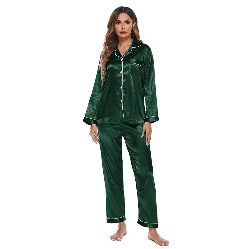 Women 2 Pieces Satin Silk Sleepwear Solid Color Long Sleeve Shirt and Pants Pajamas Set