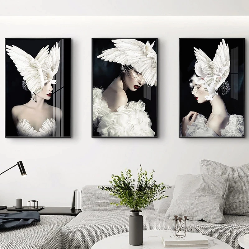 

Modern Poster Feather Woman Black and White Picture Fashion Prints Canvas Painting Art Home Decoration for Living Room Corridor