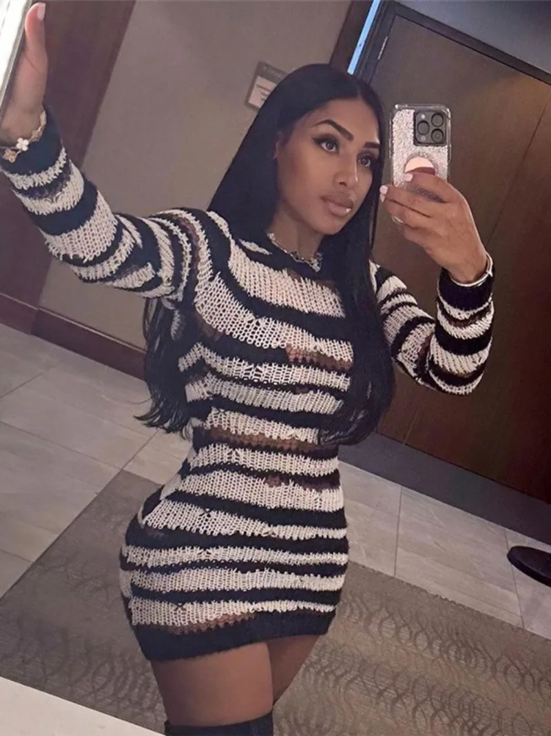 

Women's Autumn O-neck Long Sleeve Striped Knitted Short Dress Sexy 2023 Female Slim Fit Package Hip See-through Sweater Dresses